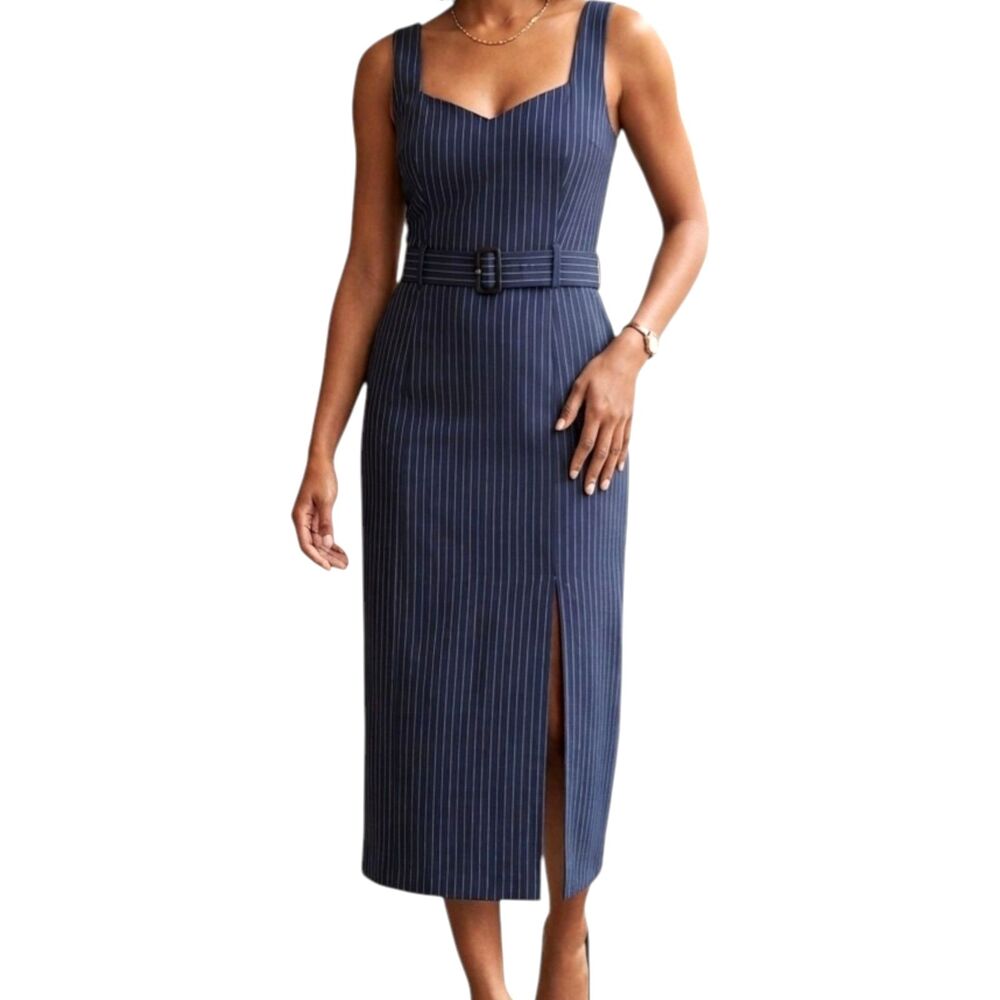 NWT Banana Republic Women’s 12 Navy‎ Pinstripe Belted Midi Dress Professional